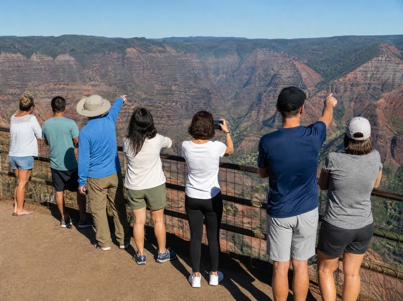 Visitors at the railing of the Waimea Canyon Lookout, the stop every canyon tour builds its schedule around