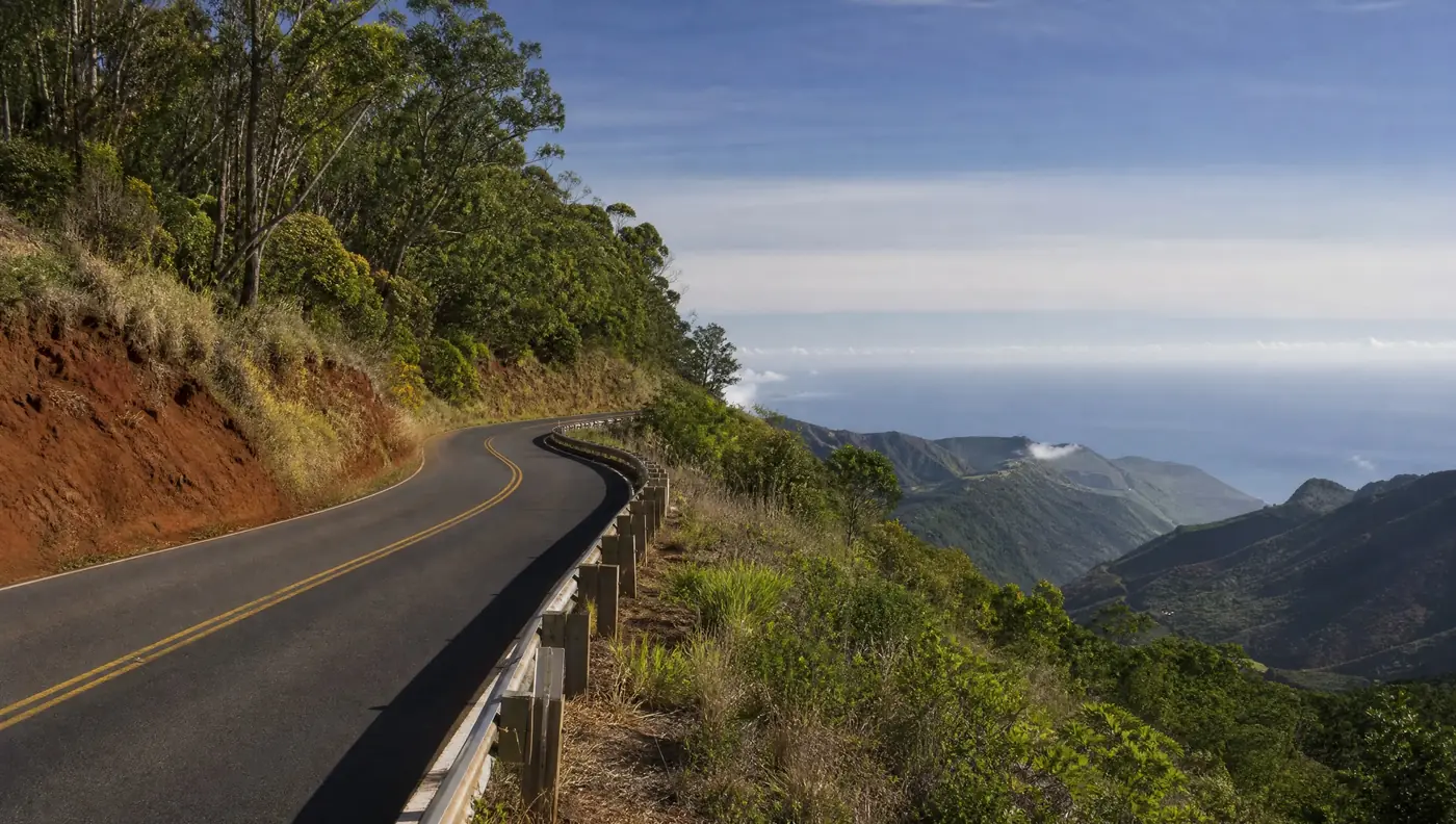 The canyon road climbs steadily from Waimea town, gaining 4,000 feet of elevation through changing forest and weather.